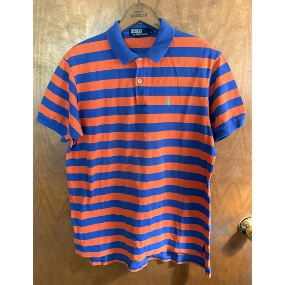 Polo by Ralph Lauren Men's Orange and Blue Striped Polo Shirt Y2K Vintage Rugby - Picture 1 of 16